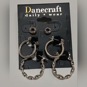 DaneCraft Daily Wear 3 Pairs Earrings Set Silverstone Round Stud Small Hoop A13